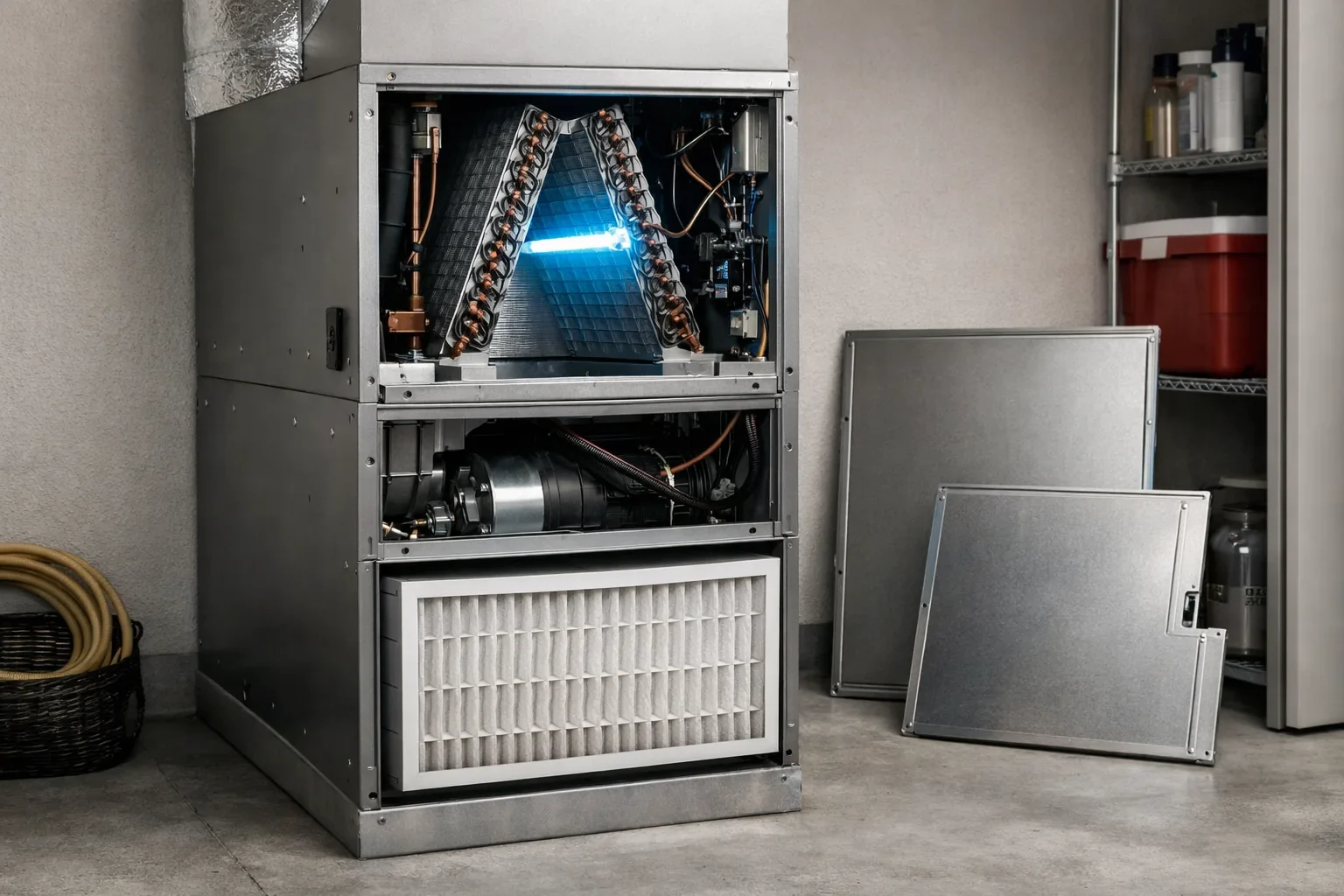 Open residential air handler showing an in-system UV light and media filter for eligible Comfort Club IAQ savings.
