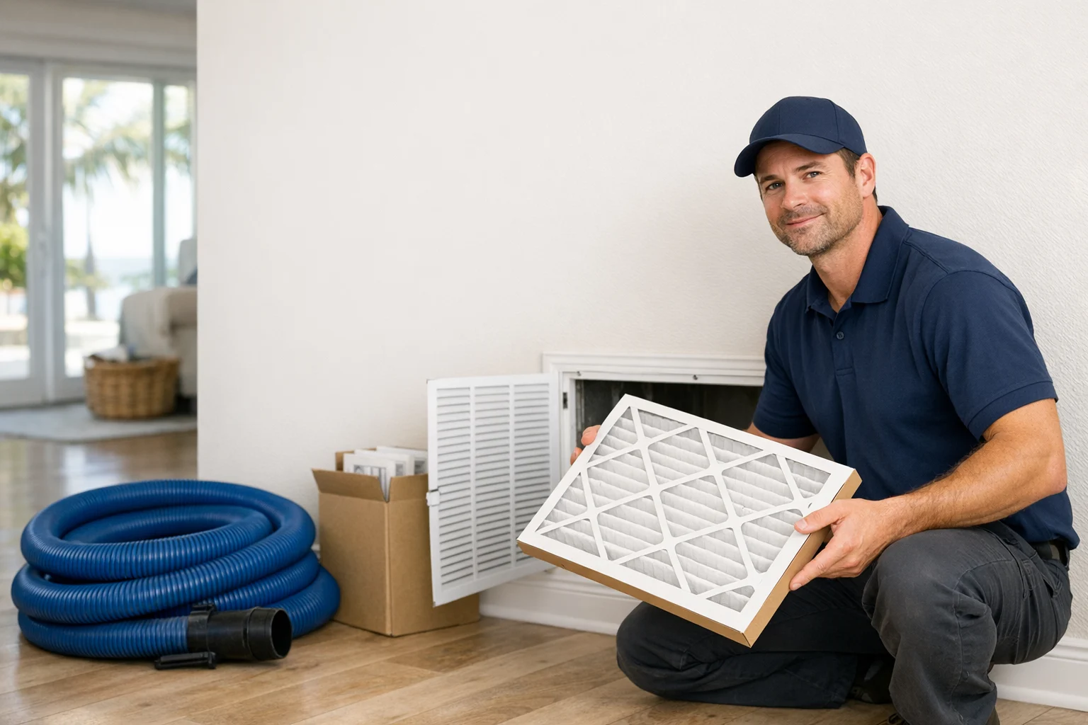 Residential HVAC technician holding a clean air filter beside a return grille and duct cleaning tools for eligible Comfort Club savings.