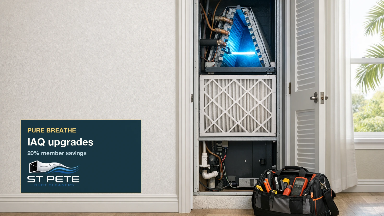 Clean HVAC air handler with in-system UV treatment and upgraded filtration representing Hales AC Comfort Club IAQ savings.