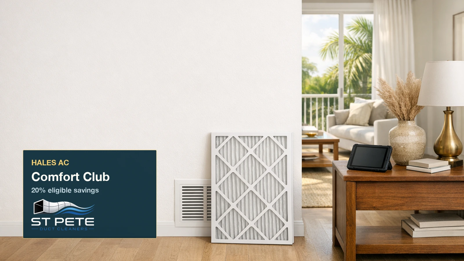 Premium Comfort Club membership card beside a clean HVAC filter and home air vent.