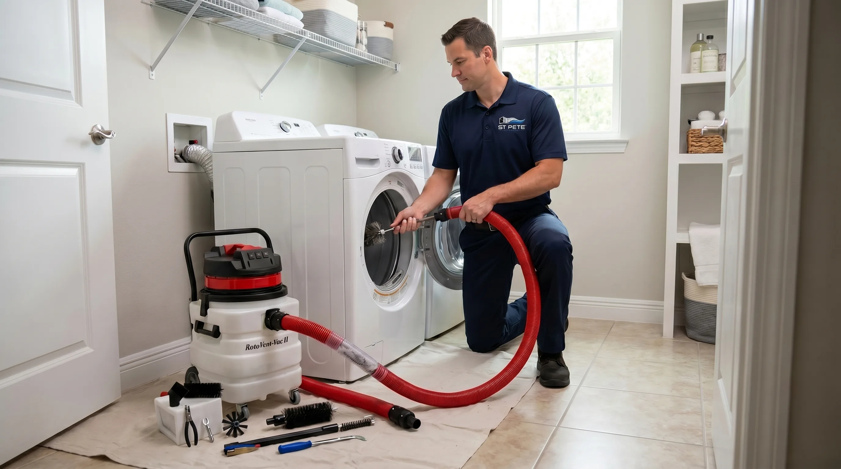 Dryer vent cleaning tools clearing lint from an exterior vent hood on a Florida stucco home.
