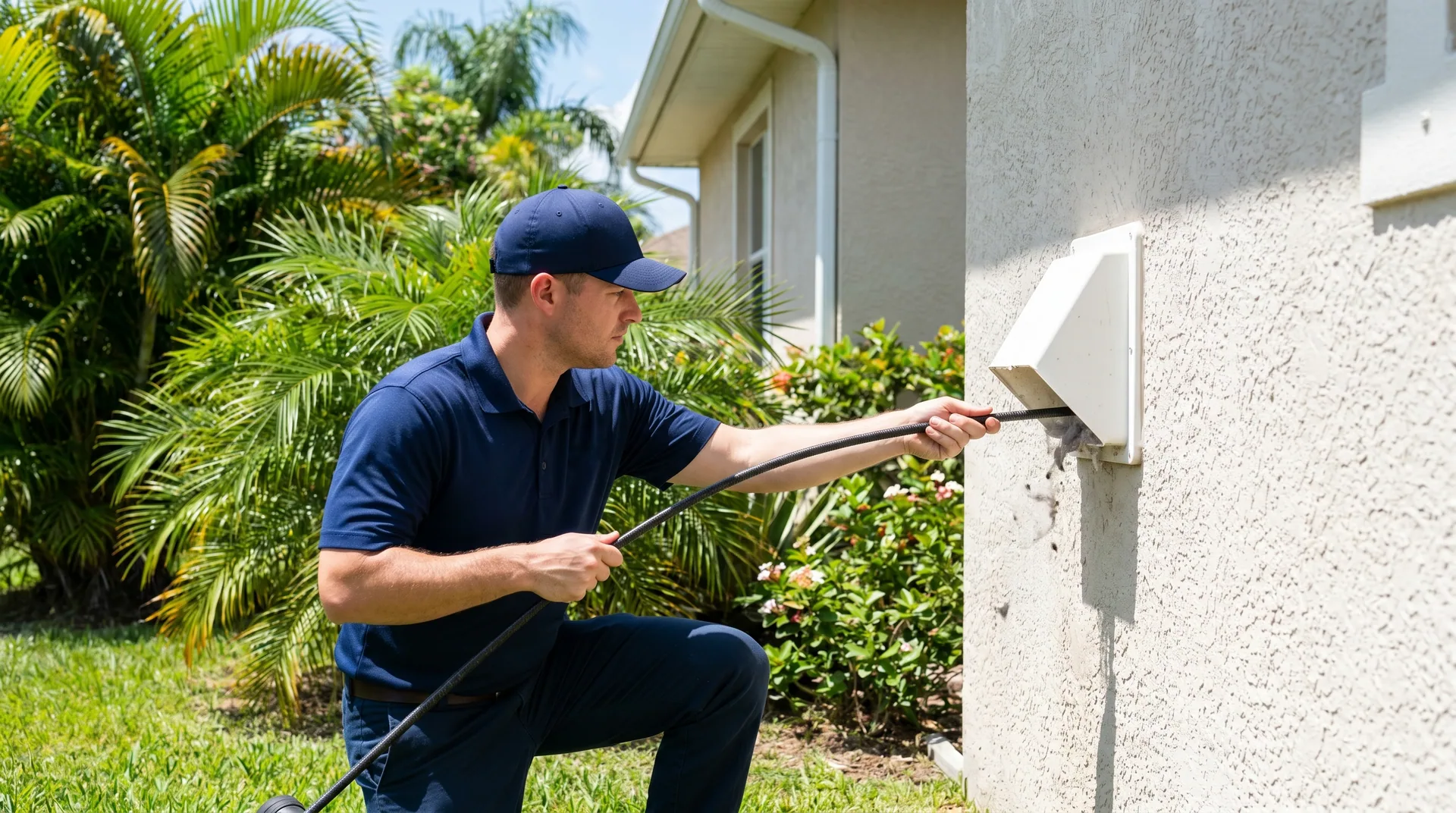 Technician clearing lint from an exterior dryer vent on a sunny Florida stucco home.