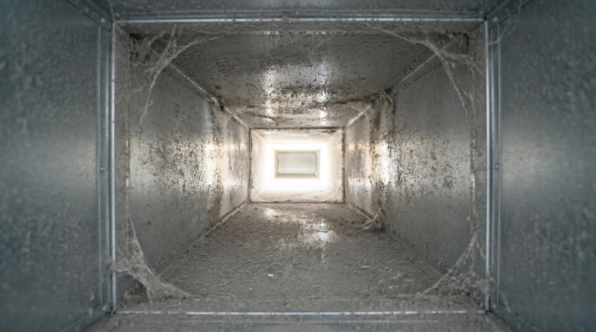 Dusty air duct interior coated with gray debris and cobwebs before cleaning.