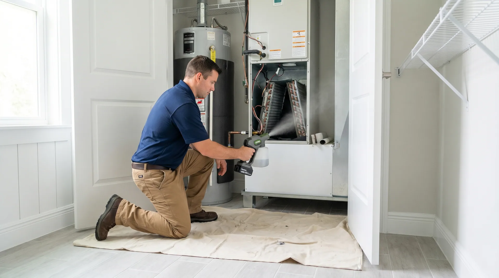Technician applying an antimicrobial duct sanitizing treatment to an open HVAC air handler in a Florida home.
