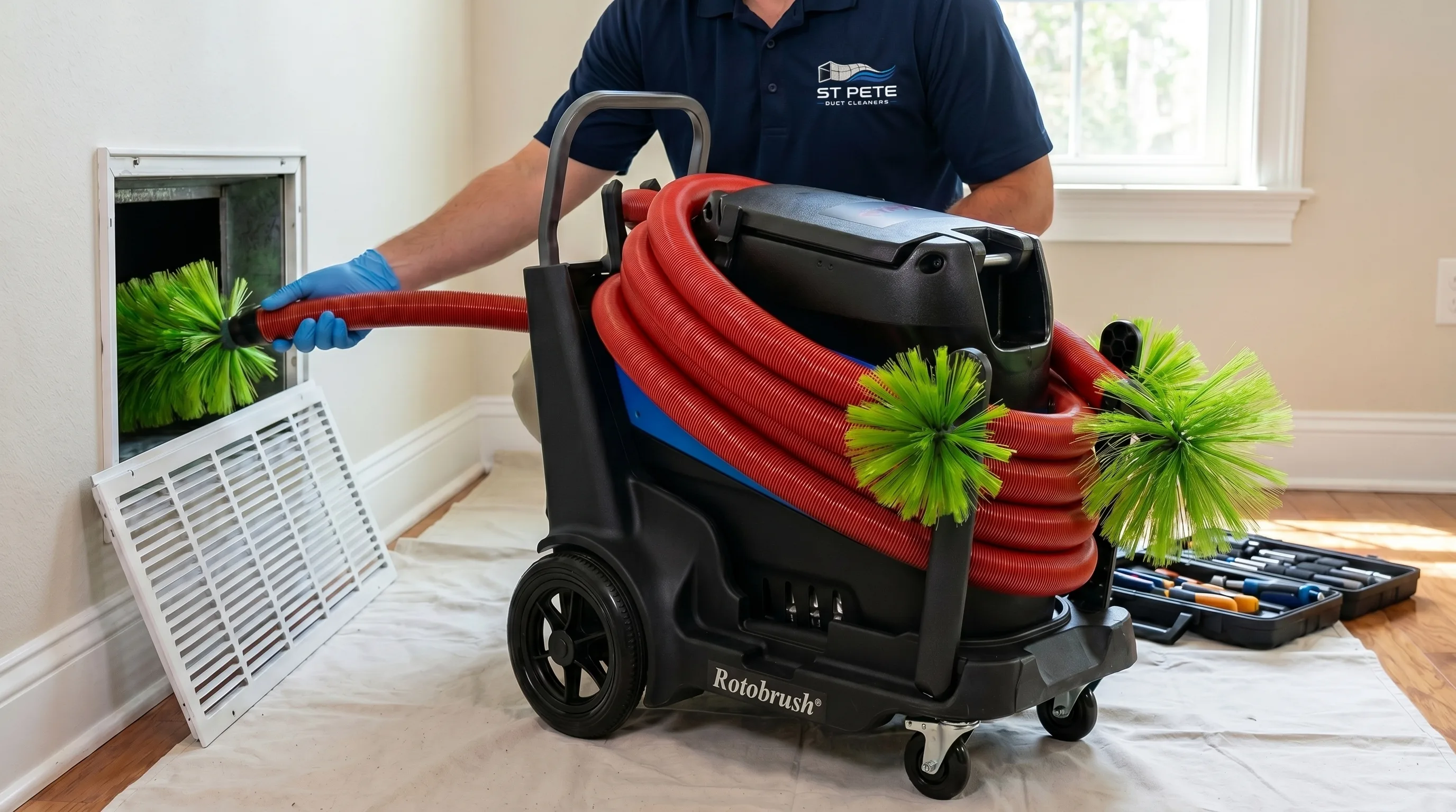 Open return grille inspection with clean duct sanitization tools staged inside a Florida home.