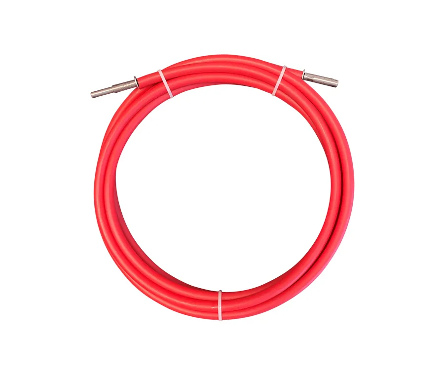 Red dryer vent brush auger cable coiled on a white background.